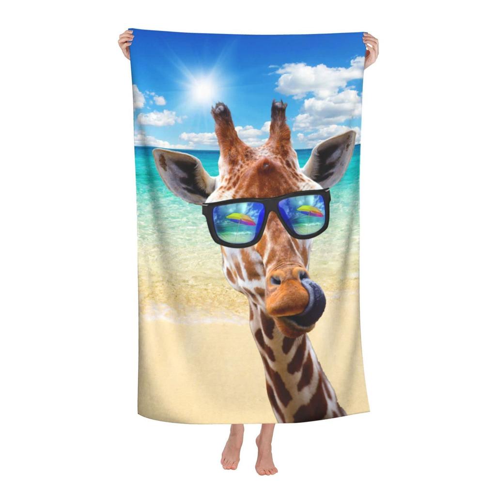 Microfiber Beach Towel Funny Giraffe with Palm Tree Sunglassea Drink Watermelon Juice Towels, Quick Dry Cool Bath Towel for Swim
