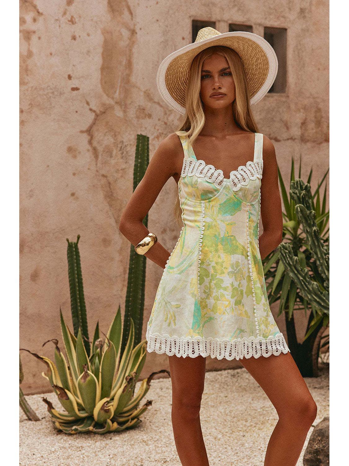 

Elegant European and American V-neck Lace Strappy Linen Dress - Slim Fit, 2026 Style XL квітковий