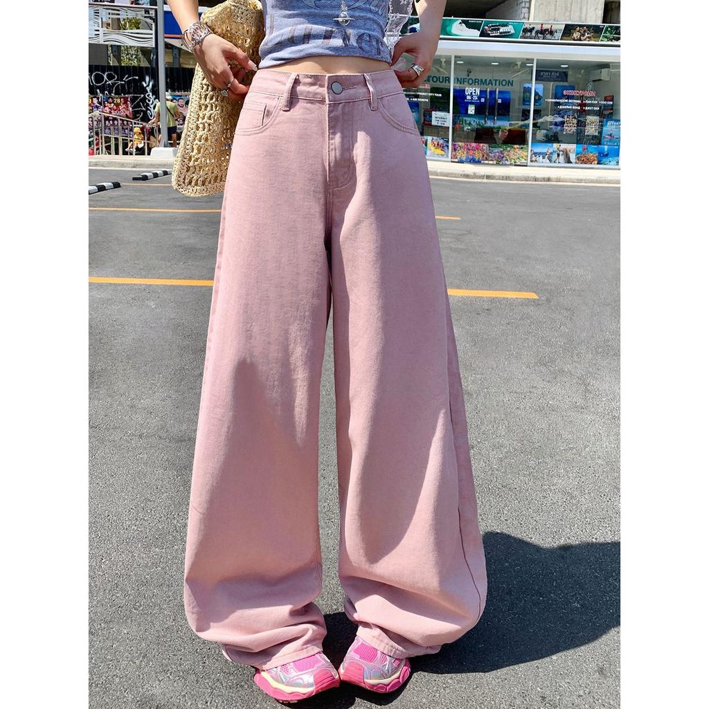 Early Spring Vintage High Waist Pink Saber Cut Relax Wide Leg Denim Pants For Ladies Casual Pants Oversize Denim Trousers
