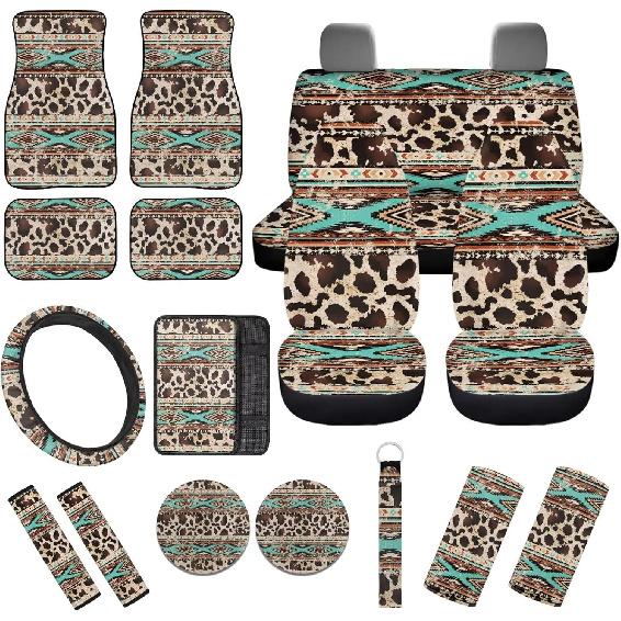 

17 Pcs Aztec Cow Print Car Seat Covers Full Set with Floor Mats Steering Wheel Cover Shoulder Pads Armrest Pad Keychain Roof Gloves Cup Coaster Aztec Cow Print