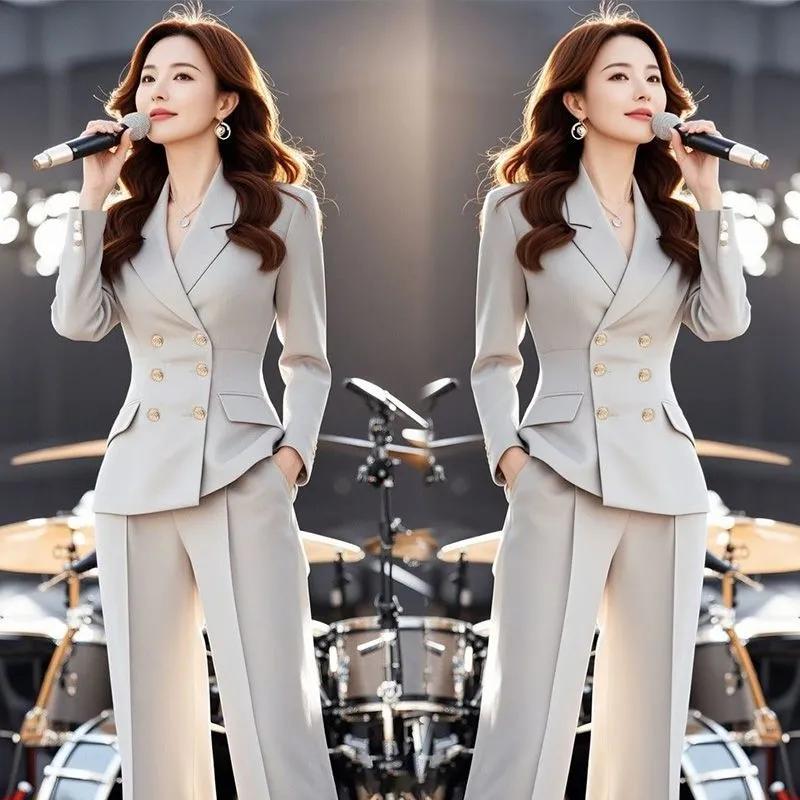

Women s Spring and Autumn Elegant Suit Long Sleeve Slim Blazer Jacket + Wide Leg Pants Simple 2 Piece Set XS