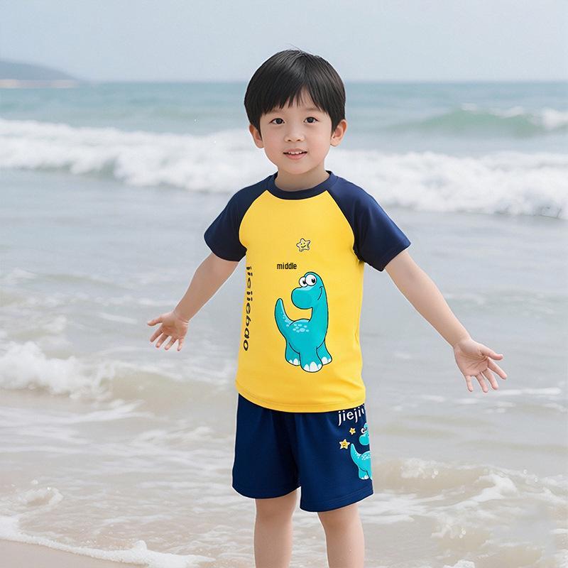 Cartoon Boys' Toddler Sun Protection Quick-Dry Swimsuit Set with Swim Cap
