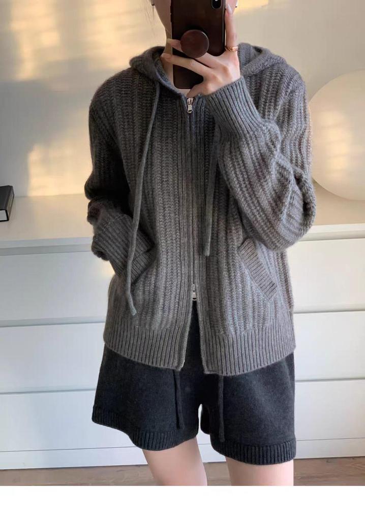 Women's Korean Style Pure Wool Hooded Zip-Up Knit Cardigan Sweater Coat - Autumn/Winter Loose Fit