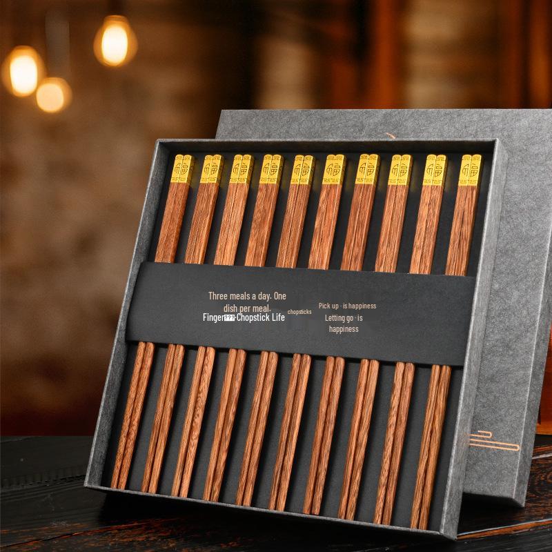 10 Paar Rosenholz Essstäbchen: Geschenkset, Rutschfest, Hitzebeständig, Unlackiertes Massivholz für Heim- & Gewerbenutzung