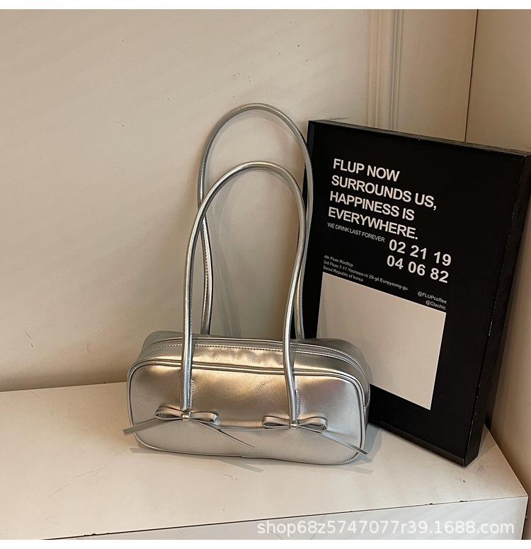 Versatile Simple Underarm Boston Bag Women's 2025 Spring New Korean Version Bow Fashion High-end Shoulder Bag