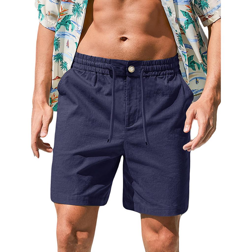 Mens Casual Linen Shorts Elastic Waist Drawstring Summer Beach Vacation Short