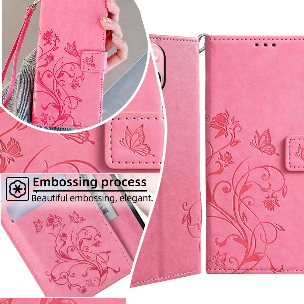 For Motorola Moto E14 4G/G04 4G/G04s 4G/G24 4G Leather Case Wallet Card Slots Butterfly Flower Phone Cover with Strap