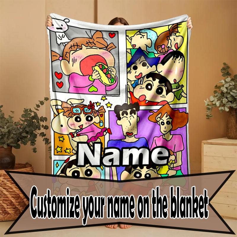 Custom Name Personalized Crayon Shin Print Blanket, Home Decor, Bedroom, Sofa, Camping, Couch, Gifts for Birthday Christmas