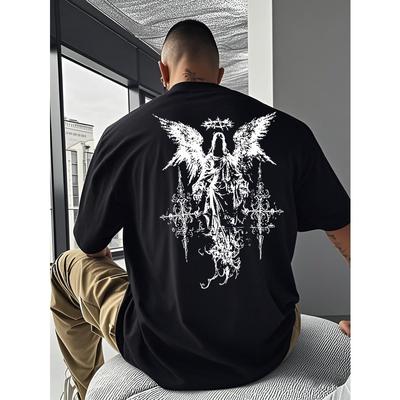 European Size Casual Angel Cross Print Short Sleeve T-Shirt for Men,Loose Fit, Crew Neck, Slight Stretch Fabric, Perfect for Summer