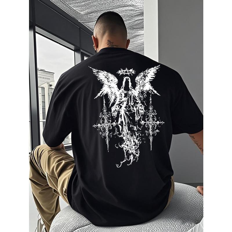 European Size Casual Angel Cross Print Short Sleeve T-Shirt for Men,Loose Fit, Crew Neck, Slight Stretch Fabric, Perfect for Summer