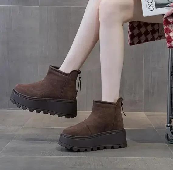 8,5CM Wildleder Kuh Echtleder Mode Damen Stiefeletten Plateau Keil Winter Plüsch 2025 Herbst Stiefel Frühling Schuhe Schaft