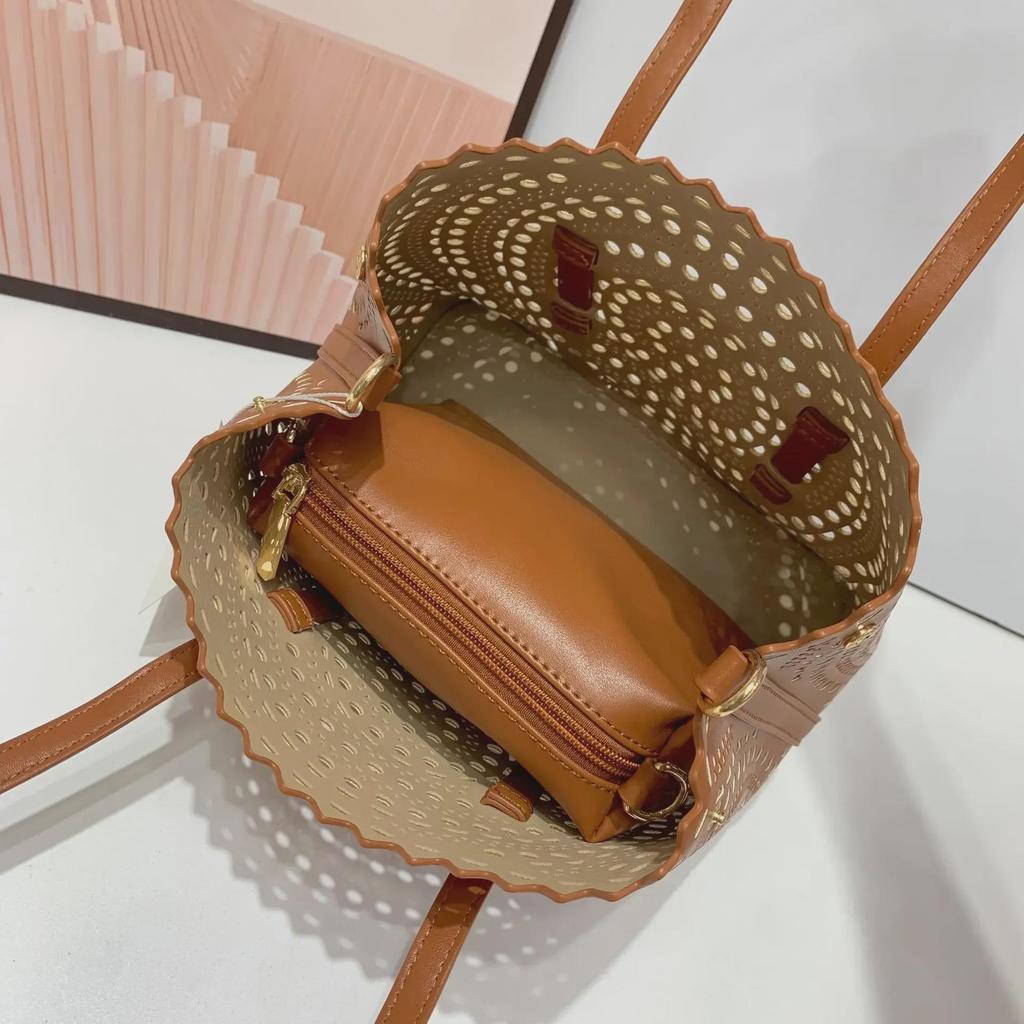 Cross-Border Carved Leather Handbag Set: Tote, Cosmetic Bag & Coin Purse