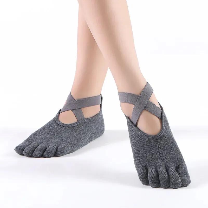 Women Breathable Yoga Socks Five Toe Silicone Non-Slip Bandage Pilates Socks Ladies Ballet Dance Fitness Workout Cotton Socks
