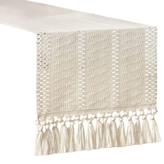 Boho Knitted Table Runner Handmade Rustic Table Runner with Tassels Cotton Linen Farmhouse Table Runner for Dining Table Sideboard Dresser Decor