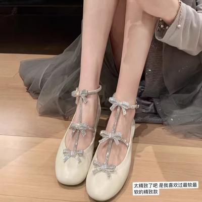 Su Yinyin Same New French Retro Heavy Industry Rhinestone Bow Flat Ballet Single Shoes Women's Mary Shoes