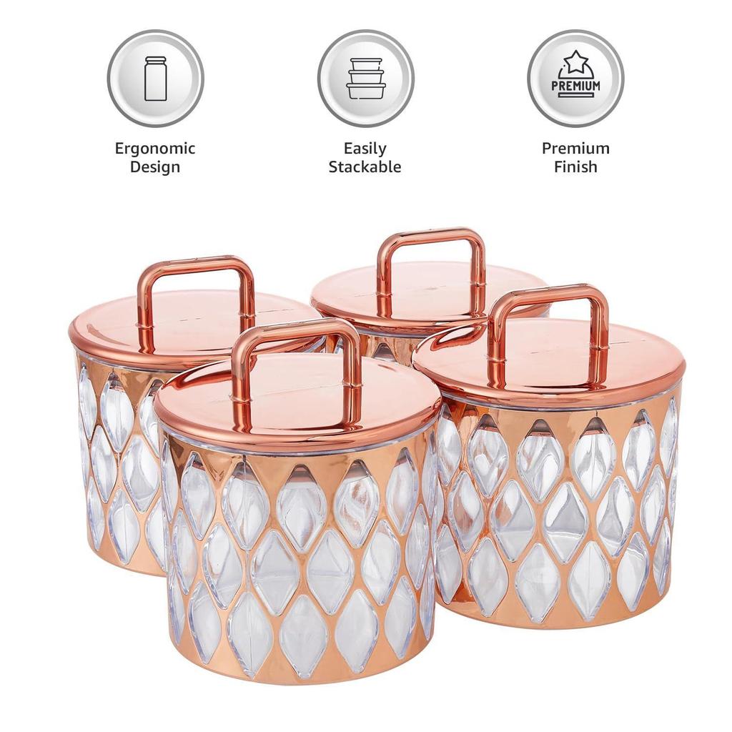 Airtight Dry Fruit Container Set With Tray|Plastic Dry Food Storage|500Ml, Set Of 4 (Rose Gold)