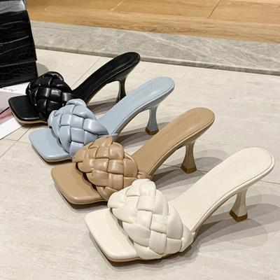 Sandalias de Lujo Mujer Tacones Altos 7cm Mules Fetichistas Zapatos de Salón Tejido Individual Ocio Azul Oficina Señoras Baile de Graduación Zapatillas Zapatos de Mujer