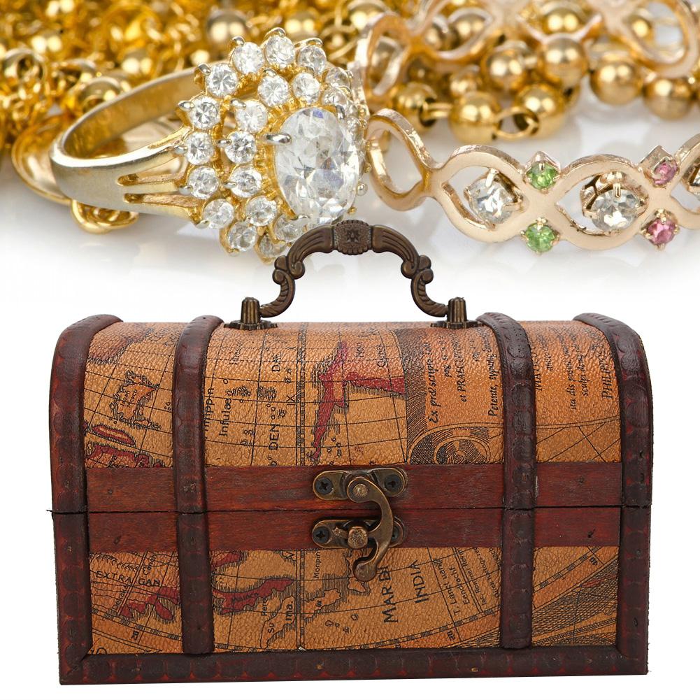 Vintage Schowek na biżuterię Drewniana dekoracja Odporna na kurz Pudełko ekspozycyjne Organizer Case(Żółty Mapa S)