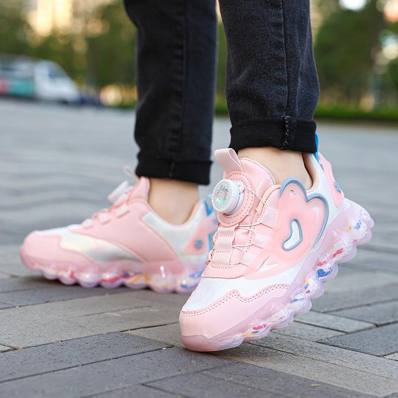 Children's leathery middle-aged and older children's 2025 casual sports shoes Girls' rotating buckle running shoes