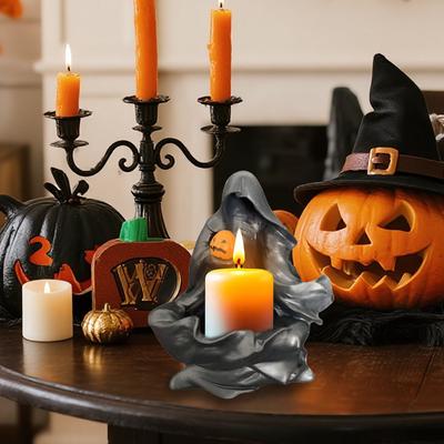 Halloween Geisterstatue mit Kürbis Meditationsgeister-Skulptur Harz Kerzenständer Schreibtischornament Halloween Party Dekoration