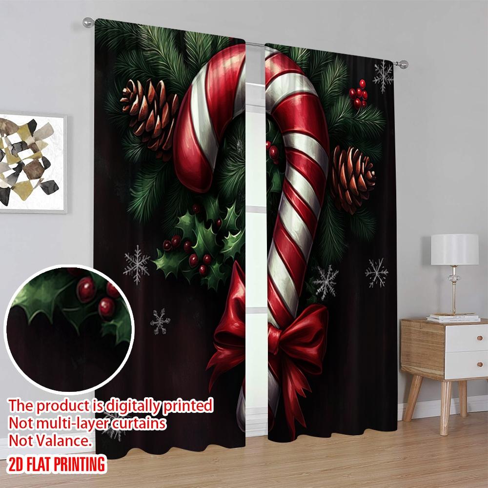 2 Stück, 2D-Flachdruck Beliebte Vorhangpaneele Weihnachts-Zuckerstange Tannenzapfen Schleife (2) 100% Polyester (ohne Stange) Urlaub für