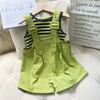 Stylish Summer Girls Two Piece Outfit Set With Trendy Sleeveless Top And Striped Adjustable Suspenders