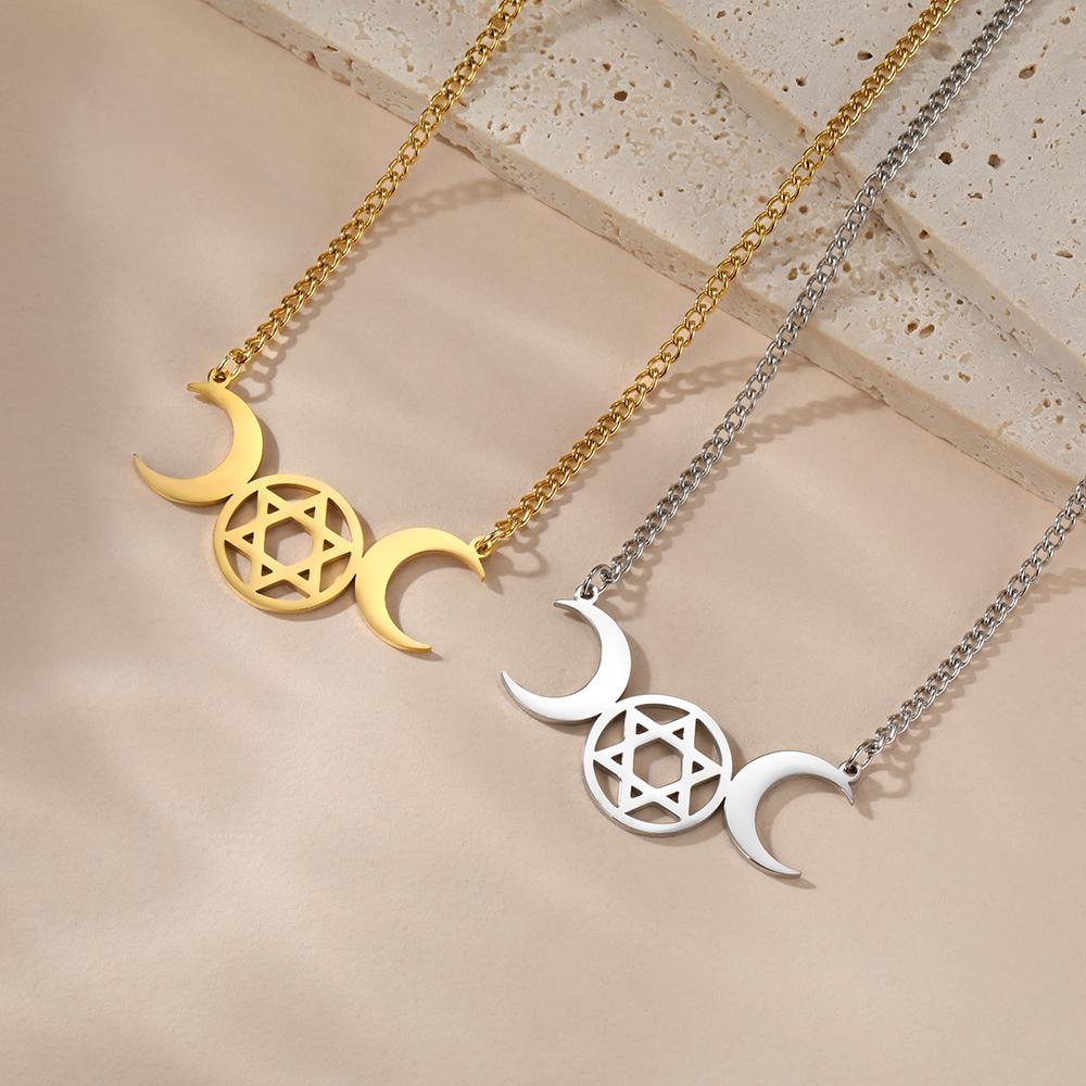 Dawapara Triple Moon Hexagram Necklace Jewish Star of David Moon Phase Pendant Wiccan Goddess Jewelry Stainless Steel