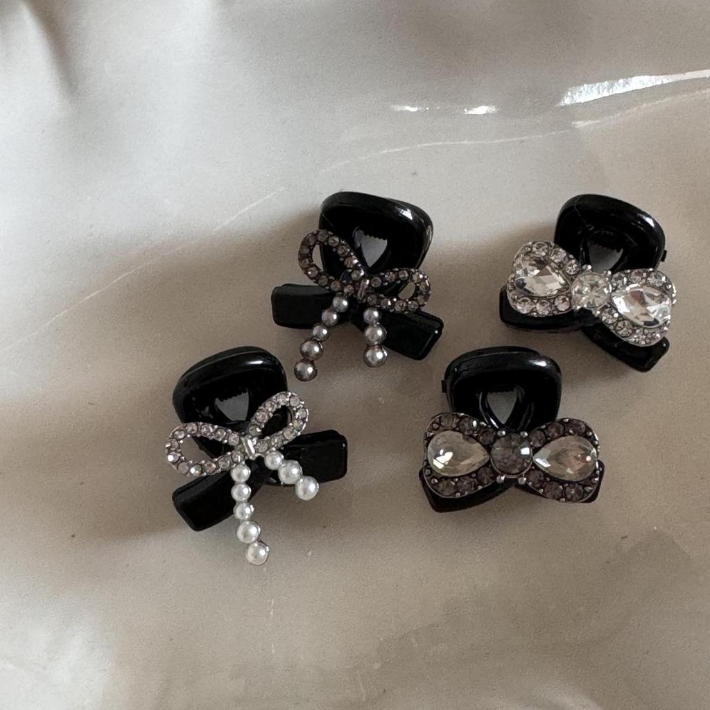 Black Pearl Rhinestone Bow Hair Clip for Bangs and Princess Hairstyles