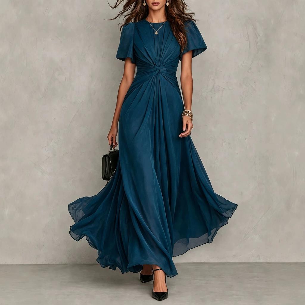 European and American women's clothing, kinked waist fly-sleeved long dress, elegant chiffon pendulum temperament banquet dress dress