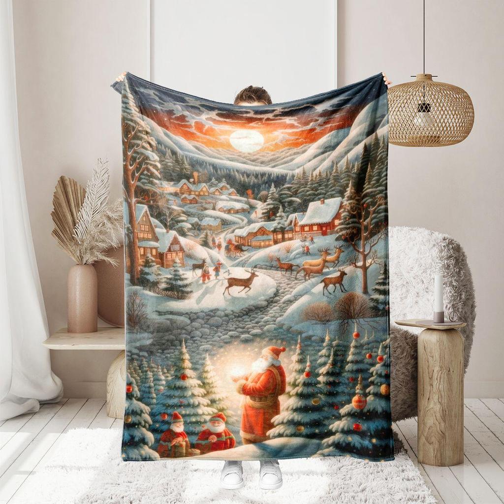 Santa Claus Snow Scene Thick Flannel Office & Nap Blanket