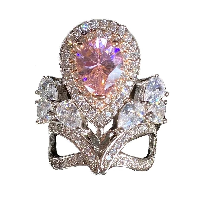 Married Princess Pink Premium Plated 18K Rose Real Gold Full Diamond Ring Two-Color Treasure Crown Ring Jewelry Women
