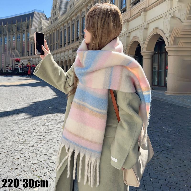 Winter Imitation Cashmere Scarf For Women Maillard High-End Korean Style Warm Retro  Versatile Thick Shawl розовый