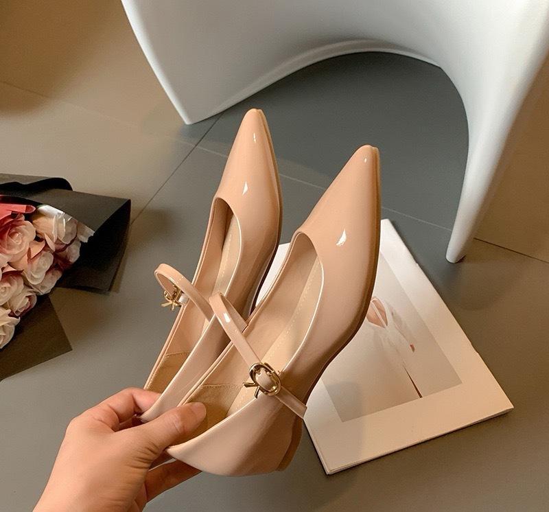 Sheepskin Version French One-word Buckle with Thick Heel Inner Height Increase Mary Jane Women's Shoes Pointed Single Shoes Light Mouth Commut