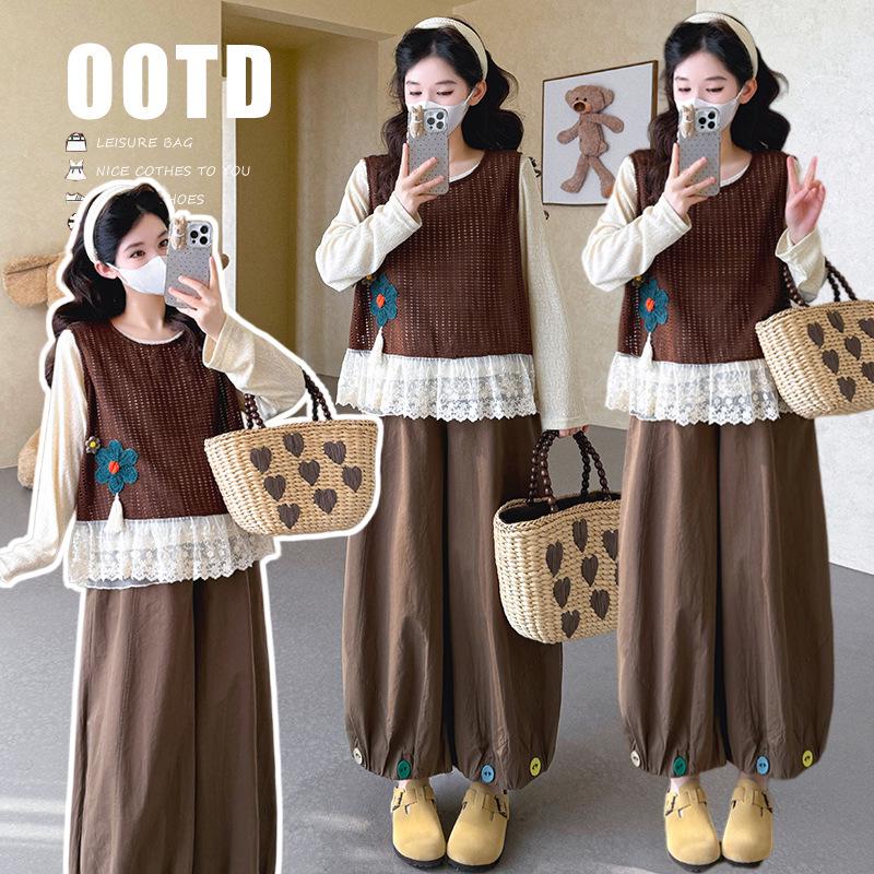 2026 Spring Korean Style Maternity Set: Fashion Top Vest + Wide Leg Pants M