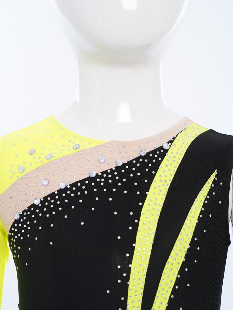 Girls Dance Leotard Round Neck Shiny Rhinestones Color Block Asymmetrical Gymnastics Wear