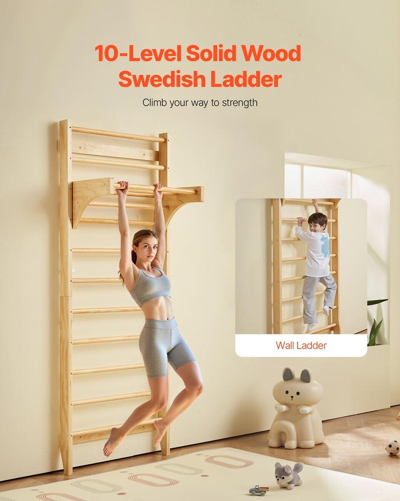 Swedish Ladder Wall Gym, 10-Level Solid Wood Indoor Jungle Gym, 220lbs Loading Indoor Playground Climbing Ladder for Kid Adults, Gymnastic Stall Bars