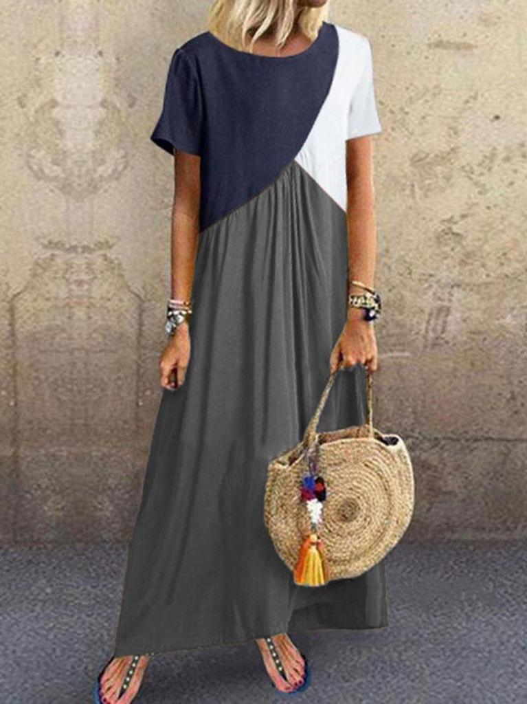 2023 Geometric Color Block Patchwork Long Summer Beach Dress