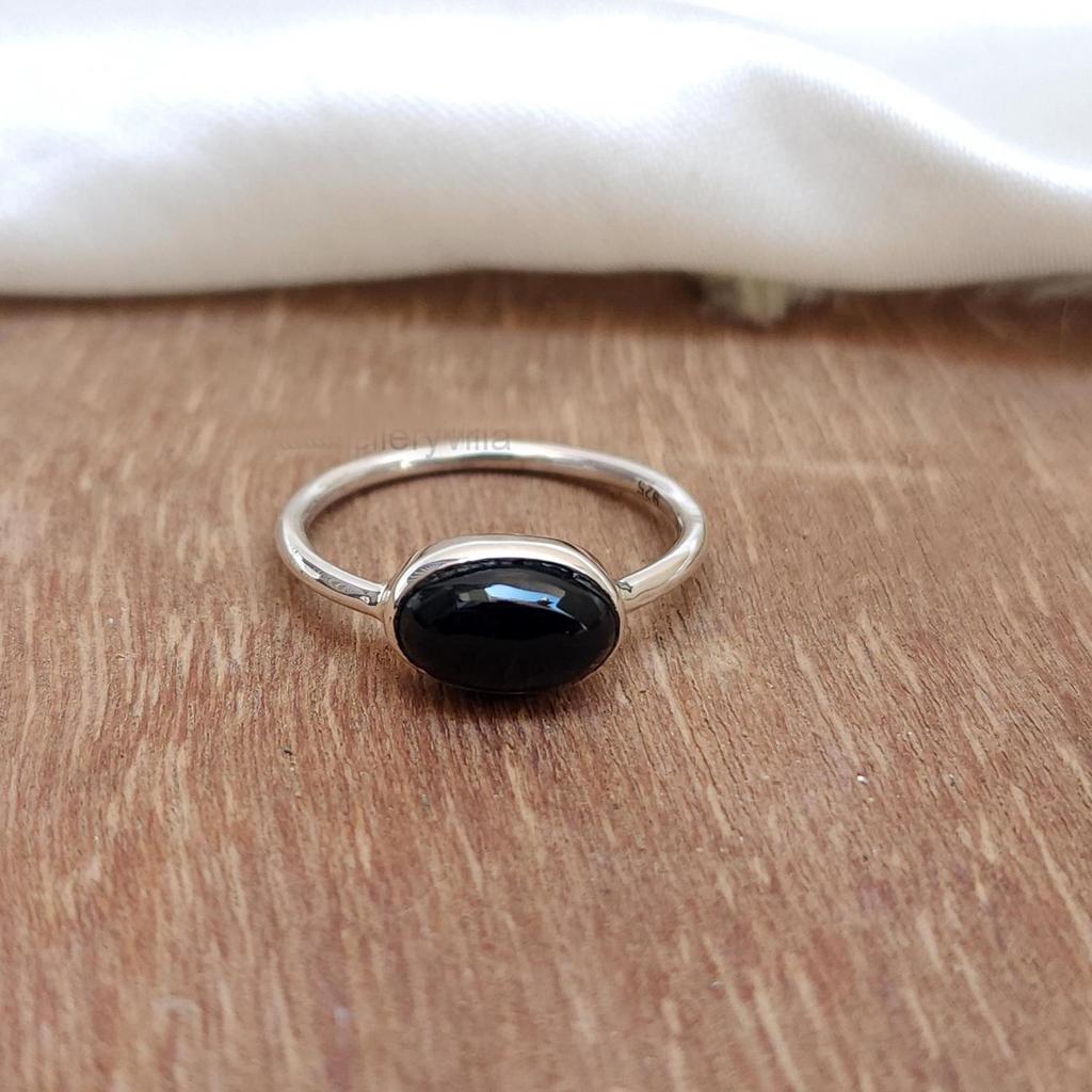 Natural Oval Cab Black Onyx 925 Sterling Silver Dainty Stacking Ring Jewelry