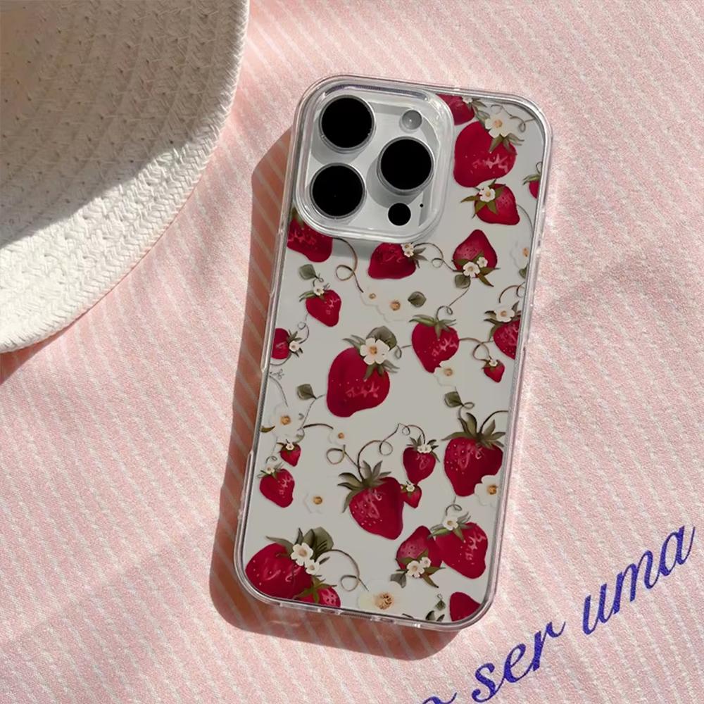 Strawberry Full Screen Y2k Phone Case For iPhone 16 15 14 13 12 11 Pro Max 7 8 Plus XR XS Max Shockproof Transparent Back Cover