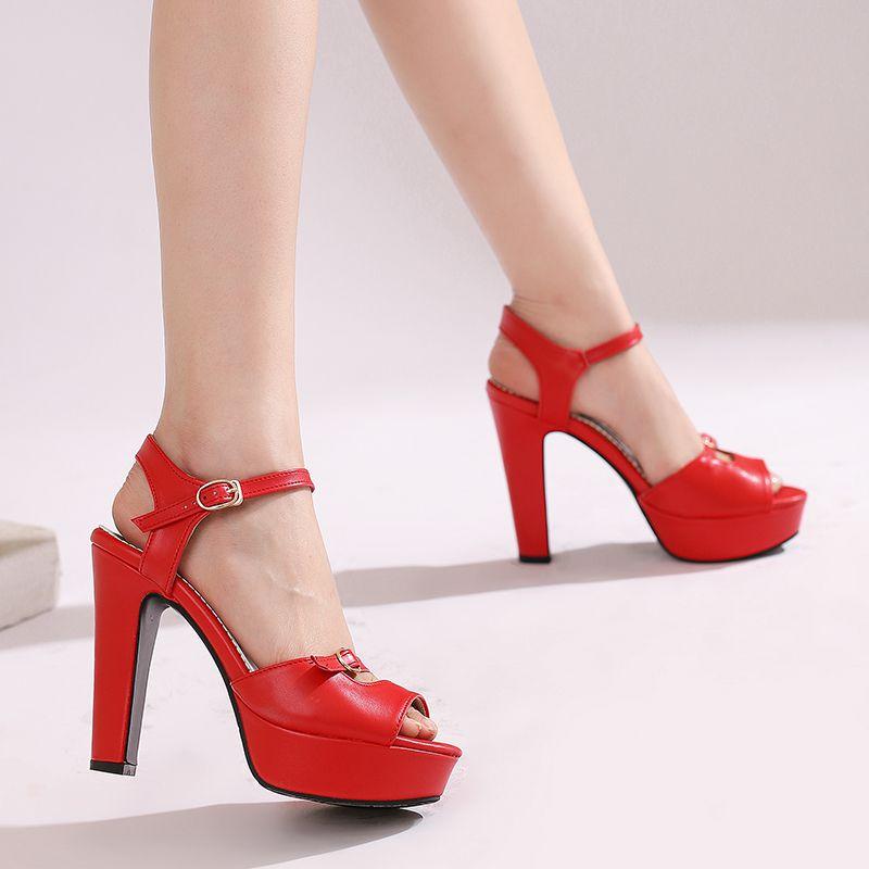 Red Sexy Women Sandals Peep Toe 12cm Block Heel 3.5cm Platform Buckle Strap Extended Size 48 49 50 Party Dating Shoes