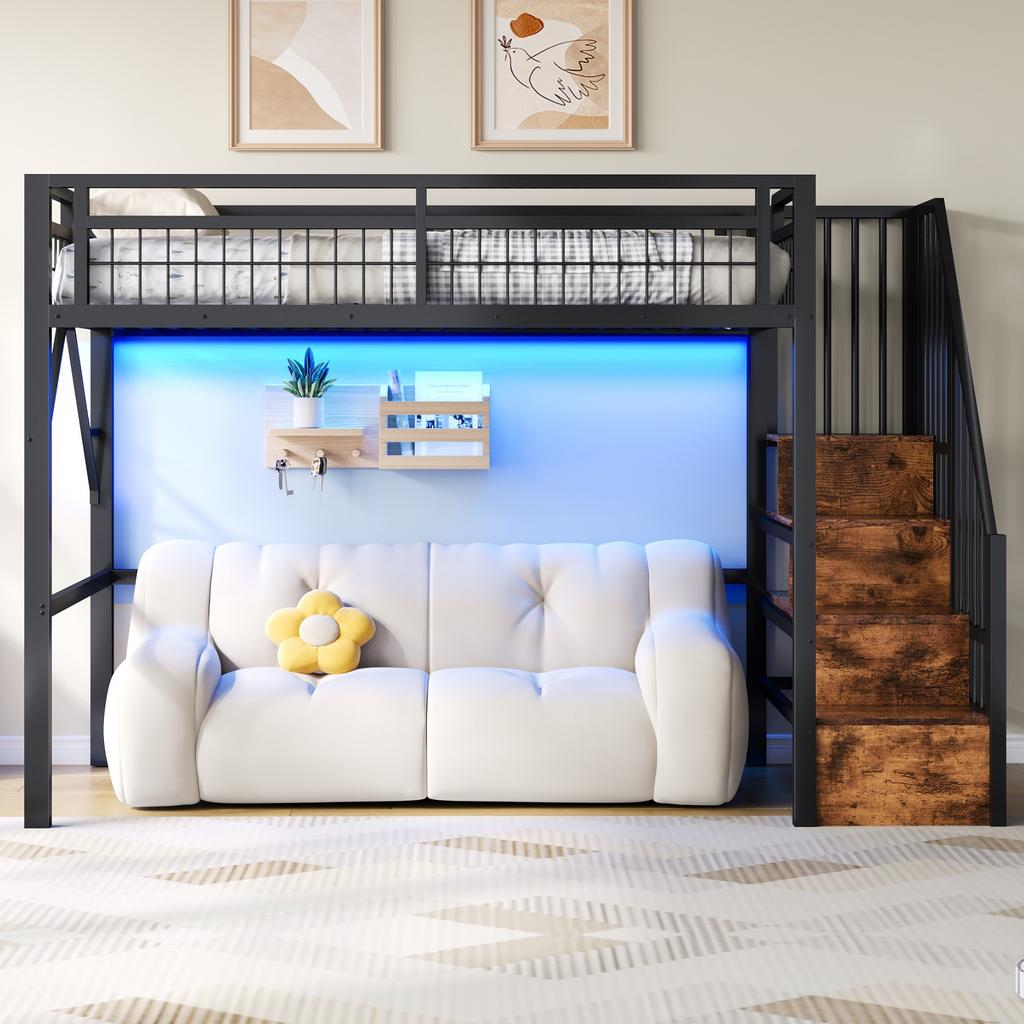 Loft Bed, 90 X 200 Cm, Iron Frame, with LED Light Strip, Staircase Construction with Storage Space, Free Space for Cladding, Without Mattress, Black