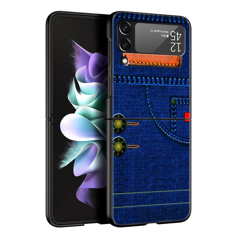 Leather Cloth Pattern Hard PC Phone Case For Samsung Galaxy Z Flip 7 6 5 4 Black Cover For Galaxy Z Flip 3 Foldable Fundas Shell
