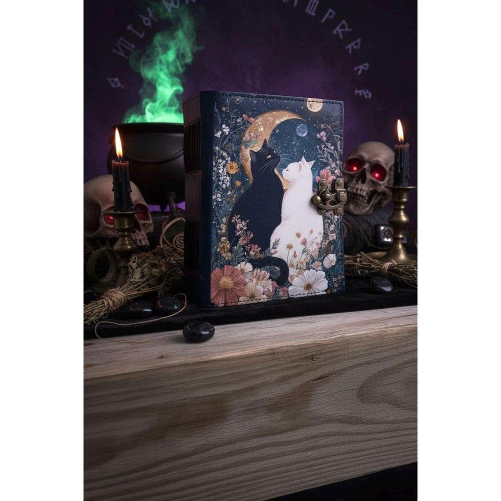 Grimoire Leather Journal, Print Cat Journal, Blank Spell Book Book of Shadows Leather Celestial Gifts For Him Her