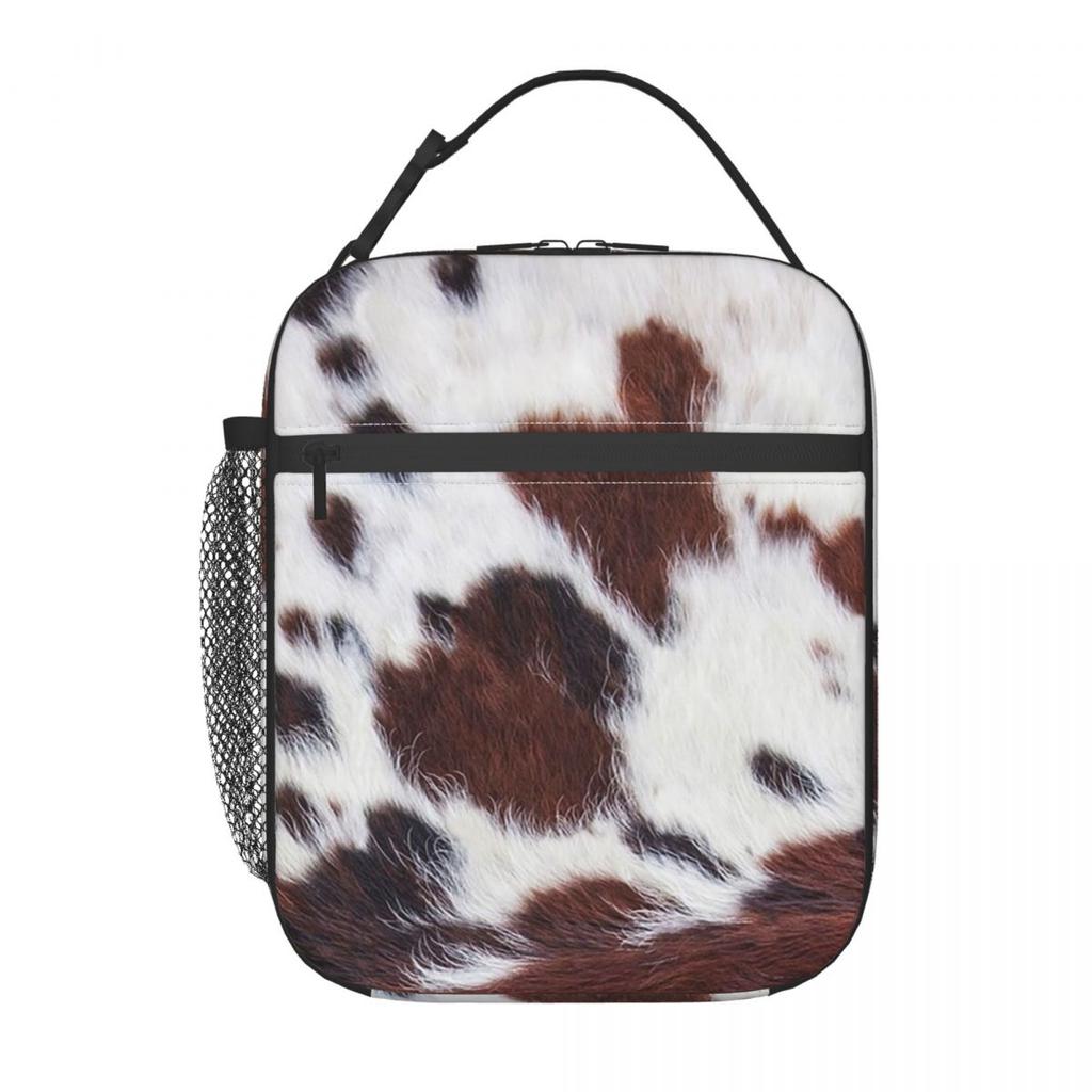Brown White Cowhide Pattern Insulated Lunch Bag for Kids School Cooler Thermal Food Box Tote Portable Lunch Boxes Container