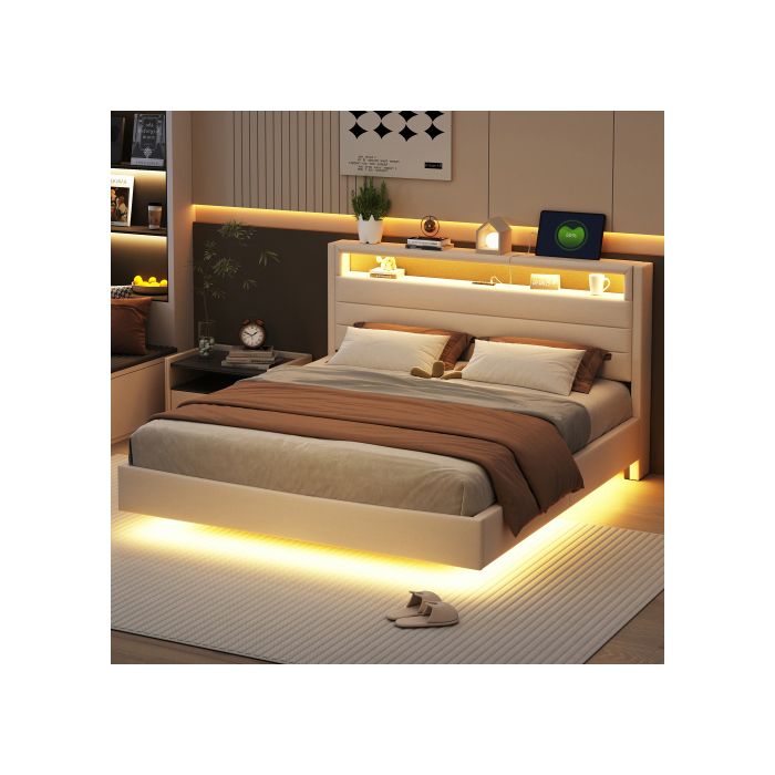 Lit capitonné - MUVOE - 160x200 cm - Prise USB - Éclairage LED - Tête de lit réversible