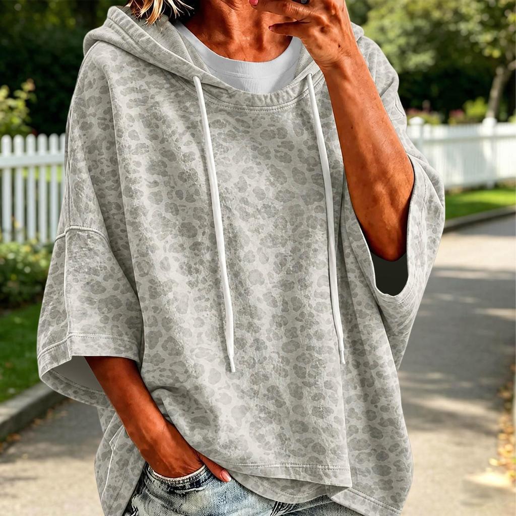 Damen Casual Sweatshirt mit Leopardenmuster und Dreiviertelärm, lockere Passform, Pullover Top