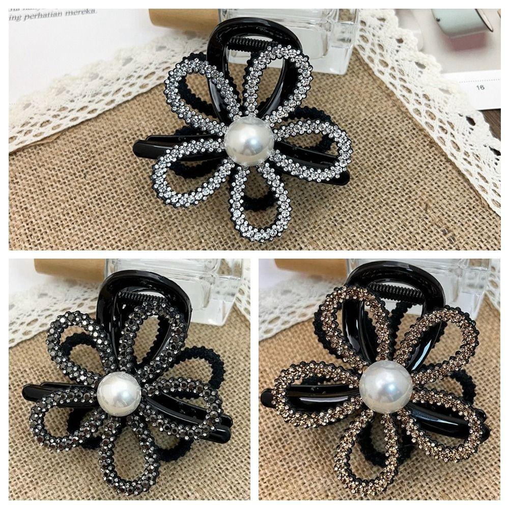 Flower Pearls Shark Clip Zircon Shiny Hair Claw Rhinestone Shark Clip  Party