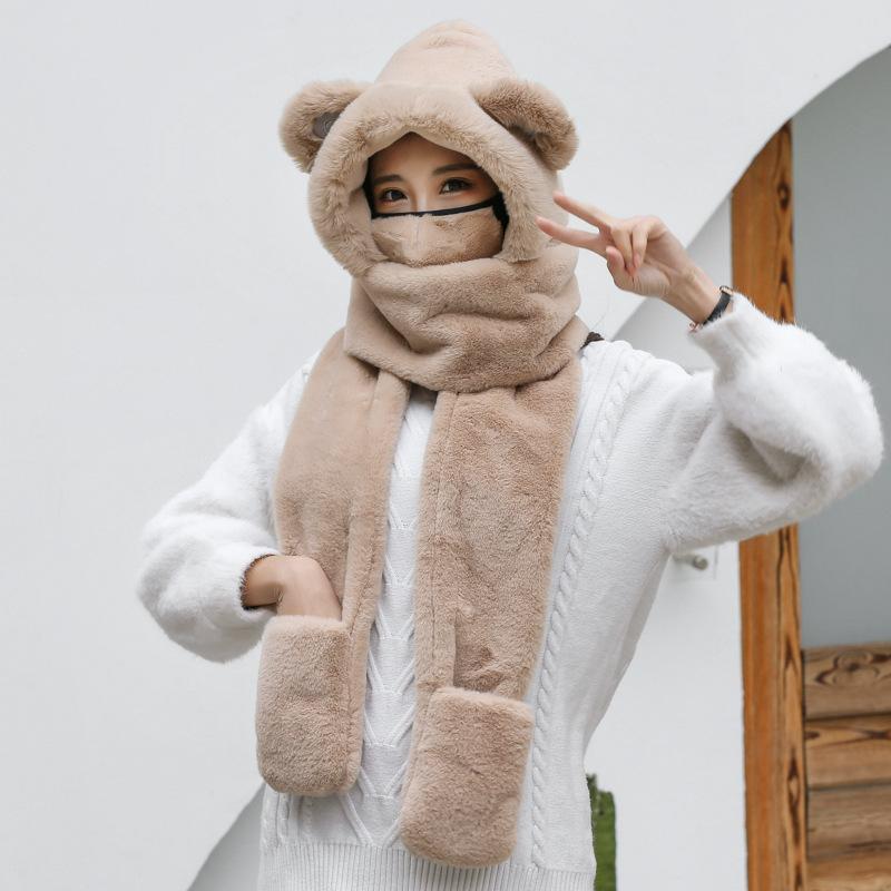 

Women s winter hats, scarves, gloves, integrated women s masks, parent-child imitation rabbit fur, warm, fashionable and casual shopping One size хакі