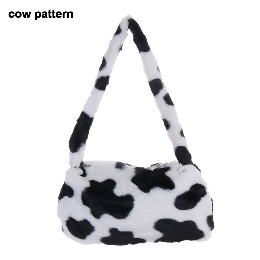Fashion Soft Faux Fur Plush Underarm Handbag Cow Print Leopard Print Mini Shoulder Bag Faux Fur Purse