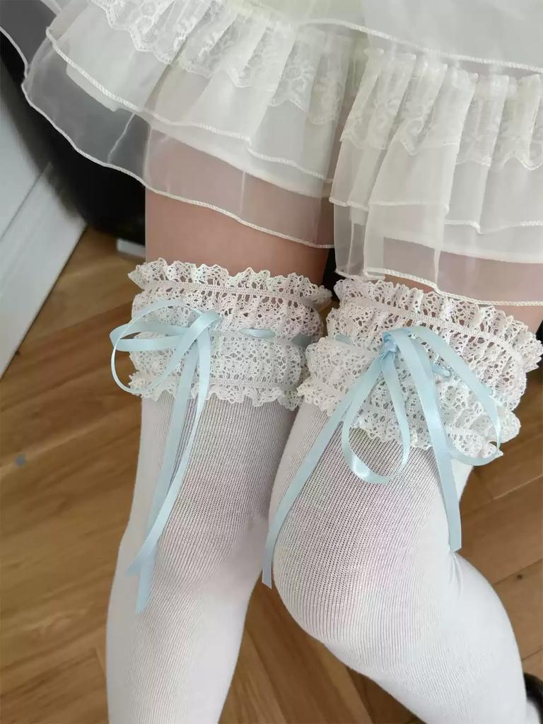Stockings Women Japanese Style Solid Color Long Socks Thigh High Stockings Sweet Girls Lolita Lace Ruffle Socks Thigh High Socks
